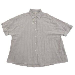 NEW Max Studio London Button Up Shirt Women's L Tan White Short Sleeve MSRP $138